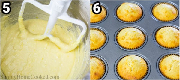 Steps to make Lemon Raspberry Cupcakes: mix the batter and then pour it into muffin tins and bake.
