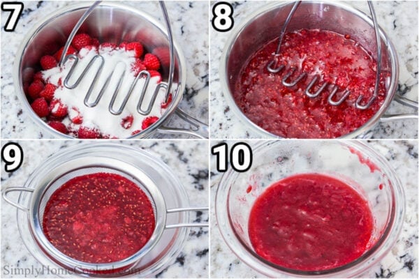 Steps to make Lemon Raspberry Cupcakes: cook the raspberries with the sugar and mash until thick and smooth, then pour it through a mesh sieve to get rid of the seeds.
