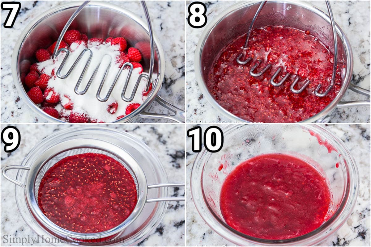 Steps to make Raspberry Lemon Cupcakes: Cook the raspberries with the sugar and mash until thick and smooth, then pour through a mesh strainer to get rid of the seeds.
