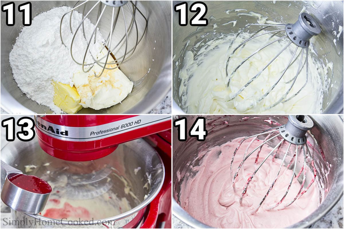 Steps to make Raspberry Lemon Cupcakes: Mix the butter, powdered sugar, vanilla and cream cheese in a mixer, then add the raspberry mixture and mix.
