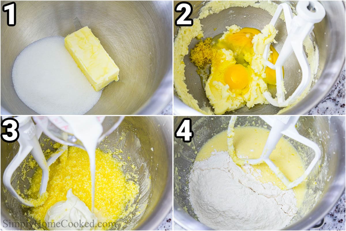 Steps to make lemon raspberry cupcakes: mix the sugar and butter, add the lemon juice and zest with the eggs, then add the dry ingredients and mix.