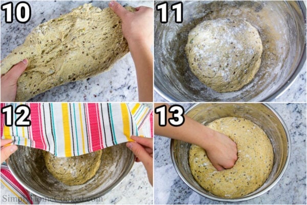 Steps to make Multi-Seed Bread: Stretch the dough to mix everything together, then flour the surface and let it rise under a kitchen towel before deflating it.