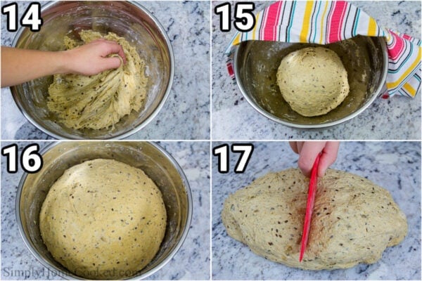 Steps to make Multi-Seed Bread: After it rises again, deflate the dough, then let it rise to double its size before cutting it in half.