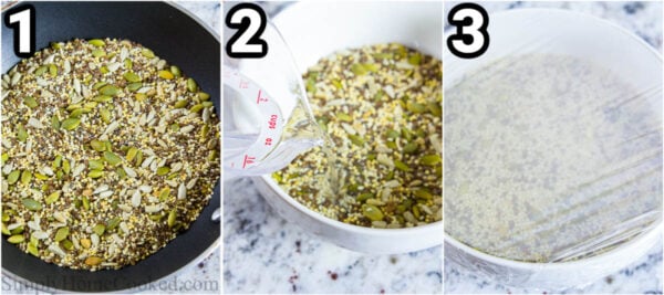 Steps to make Multi-Seed Bread: roast the seeds and then add water to them and cover.