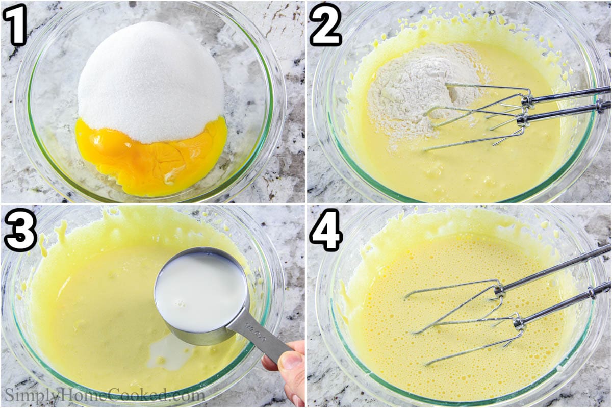 Schritte zur Zubereitung eines einfachen Napoleon-Kuchens: Eier und Zucker verquirlen, dann Mehl und Milch untermischen.