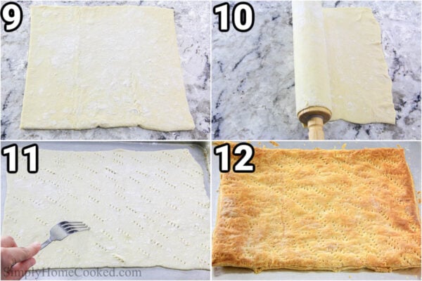 Steps to make Easy Napoleon Cake: roll out the puff pastry sheets and then place them on a baking sheet, poke with holes, and then bake.