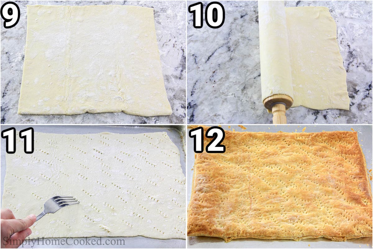Schritte zur Zubereitung eines einfachen Napoleon-Kuchens: Rollen Sie die Blätterteigblätter aus, legen Sie sie auf ein Backblech, stechen Sie Löcher hinein und backen Sie sie dann.