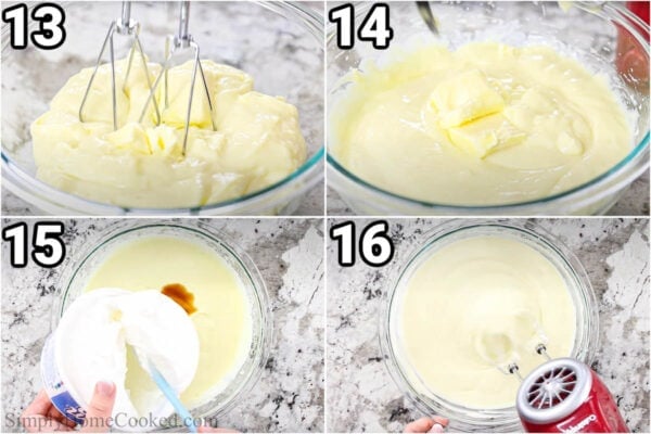 Steps to make Easy Napoleon Cake: add the butter to the custard and mix, then add the whipped cream and vanilla.