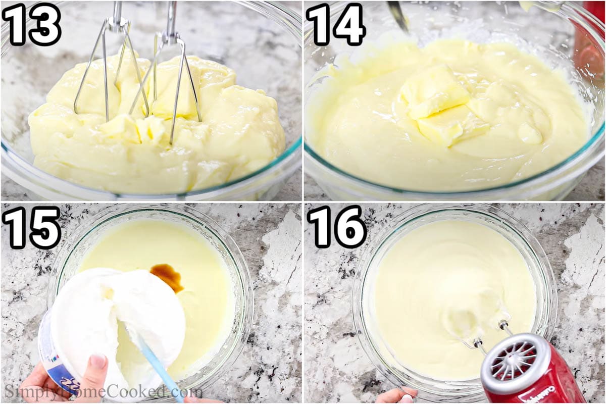 Schritte zur Zubereitung eines einfachen Napoleon-Kuchens: Butter zum Vanillepudding geben und verrühren, dann Schlagsahne und Vanille hinzufügen.