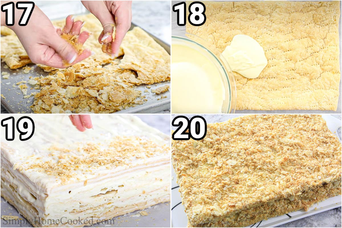 Schritte zur Zubereitung eines einfachen Napoleon-Kuchens: Eines der Blätterteigblätter zerkrümeln, den Kuchen mit Vanillesoße und Blätterteig belegen und dann mit den Streuseln belegen.