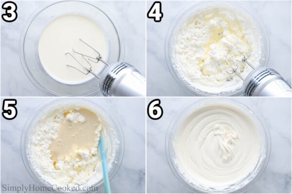 Steps to make No Churn Ice Cream: mix the heavy cream with an electric mixer until stiff peaks form and then add the condensed milk mixture in.