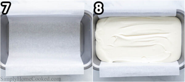 Steps to make No Churn Ice Cream: pour the mixture into a loaf pan with parchment paper and freeze until solid.