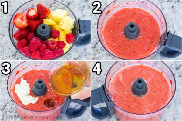 Steps to make Strawberry Popsicles: blend the pineapple, raspberries, and strawberries in a food processor and then blend in the honey and yogurt.