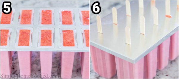 Steps to make Strawberry Popsicles: pour the blended fruit into the popsicles molds, add the sticks, and freeze.