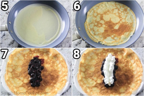 Steps to make Blueberry Crepes: add the crepe batter to a pan, cook, then add blueberry filling and whipped cream.