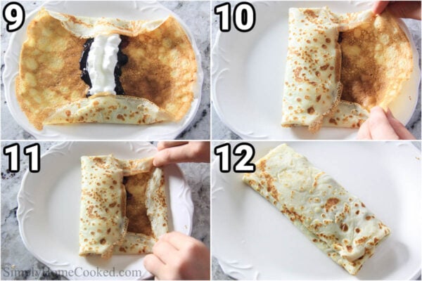 Steps to make Blueberry Crepes: fold the top and bottom of the crepe over and then roll the crepe up.