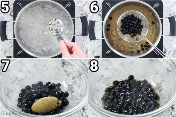 Steps to make Brown Sugar Boba: cook the tapioca pearls, then let them cool with some brown sugar.
