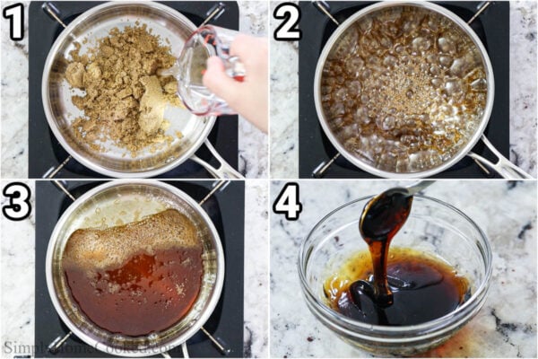 Steps to make Brown Sugar Boba: dissolve the brown sugar in water, then bring it to a boil and simmer before taking it off the heat to cool.