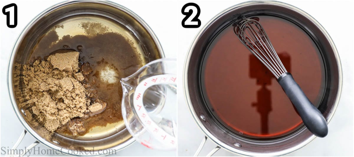 Steps to make Brown Sugar Syrup: add brown sugar and water to a saucepan and then simmer, whisking until the sugar dissolves.