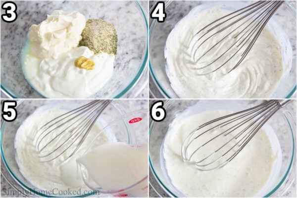 Steps to make Buttermilk Ranch: add the spices, mustard, mayo, lime juice, and sour cream together, combine with a whisk, and then add the buttermilk.