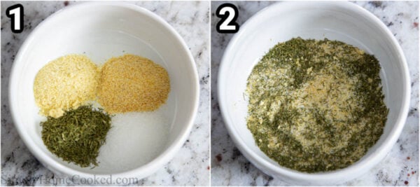Steps to make Buttermilk Ranch: combine the onion powder, dill, and garlic powder in a small bowl.