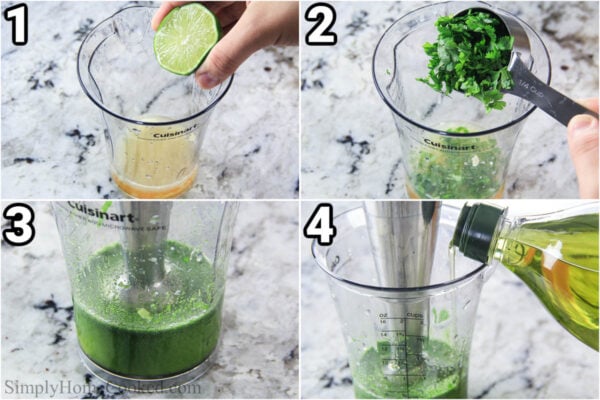 Steps to make cilantro lime dressing: squeezing lime into a beaker, adding chopped cilantro, blending with an immersion blender, and add oil.