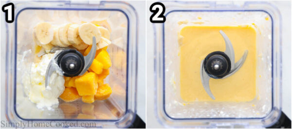 Steps to make Mango Smoothie: add milk, orange juice, mango, banana, and yogurt to a blender and pulse until smooth.