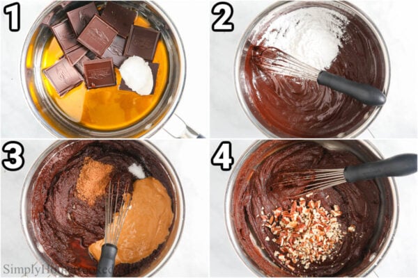 Steps to make Paleo Chocolate Fudge: melt the chocolate and add the maple syrup and coconut oil, then whisk in the arrowroot powder, cashew butter, coconut sugar, and salt, and then add the pecans and vanilla.