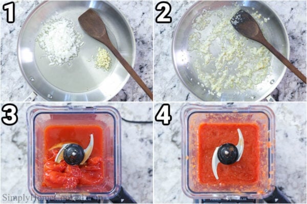 Steps to make Pomodoro Sauce: saute the onion and garlic in a skillet, stir with a wooden spoon, then blend the tomatoes.