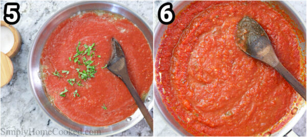 Steps to make Pomodoro Sauce: add the basil, salt, and sugar to the sauce and heat it in a skillet.