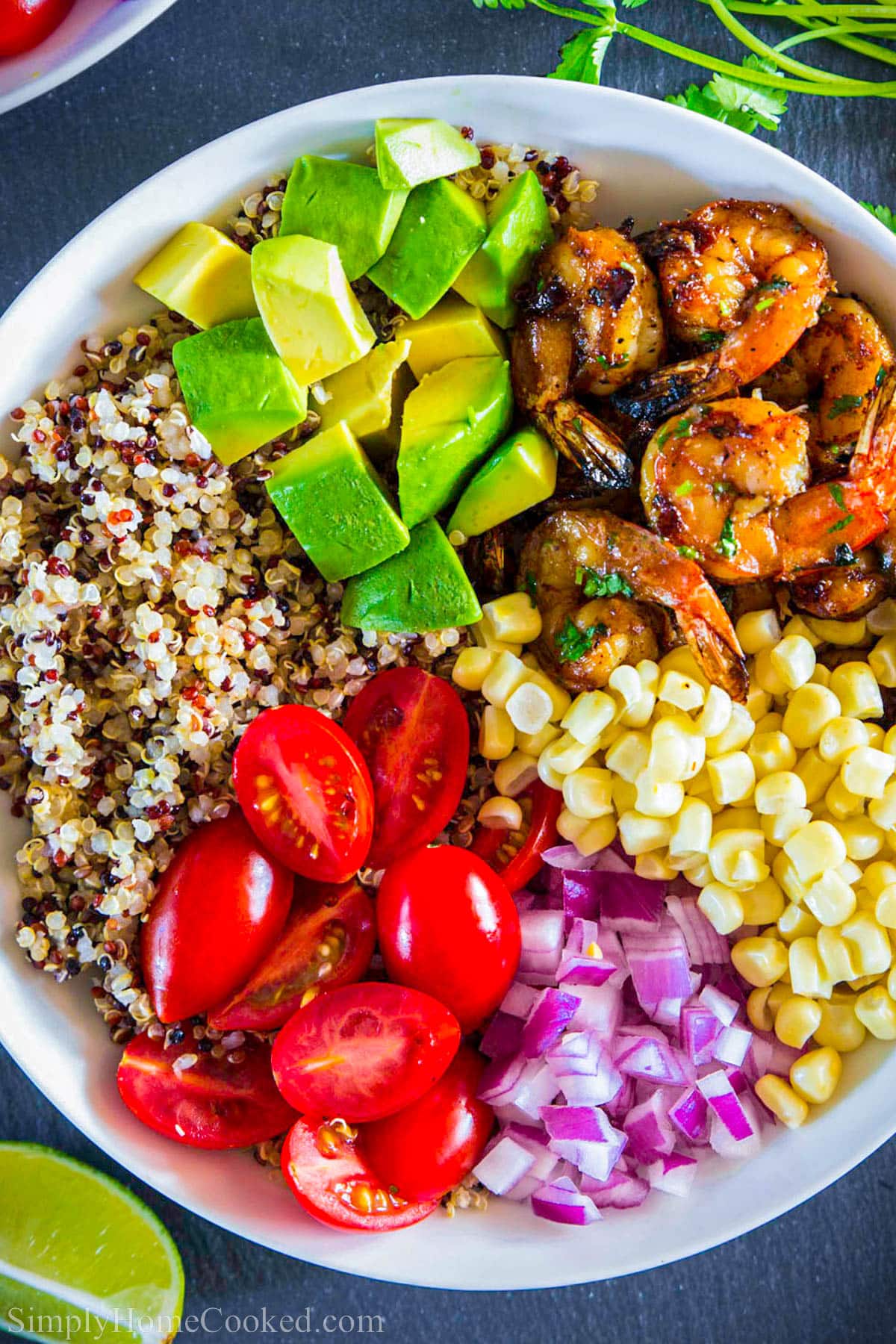 Shrimp Quinoa Bowl with tri-color quinoa, shrimp, avocado, tomatoes, red onion, and corn. 