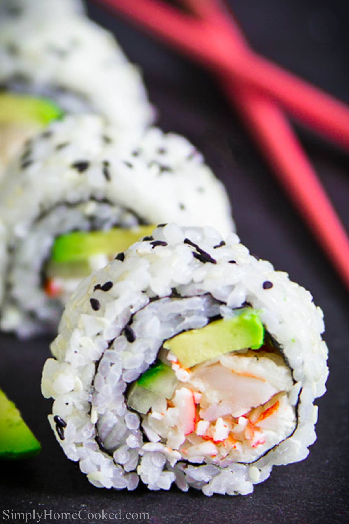 Close up of a Shrimp Tempura Roll.