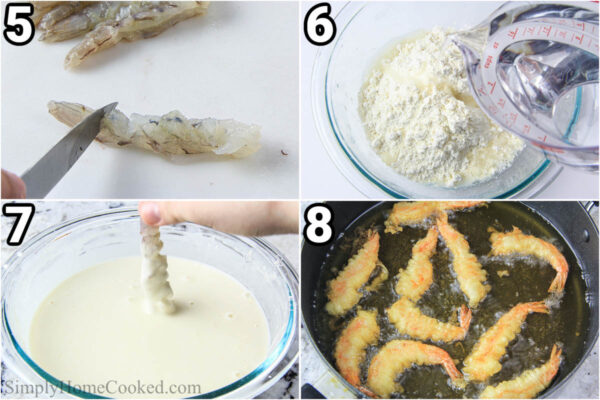 Steps to make Shrimp Tempura Roll: slit the shrimp, mix the tempura batter mix with water, dip the shrimp, and then fry them.