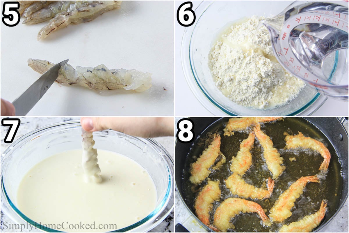 Steps to make shrimp tempura roll: cut the shrimp, mix the tempura batter mixture with water, dip the shrimp and then fry them.