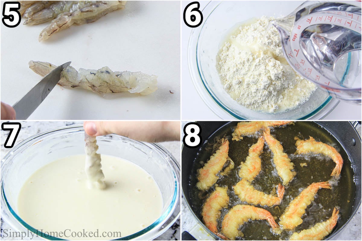 Steps to make Shrimp Tempura Roll:  slit the shrimp, mix the tempura batter mix with water, dip the shrimp, and then fry them.