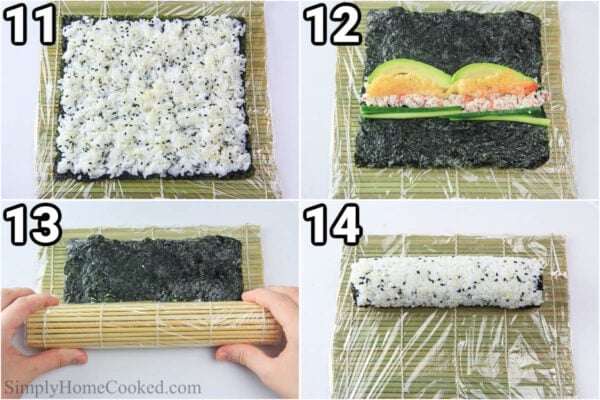 Steps to make Shrimp Tempura Roll: add the rice an sesame seeds to the nori, then flip it and add the fillings and roll it up on a bamboo sushi mat.