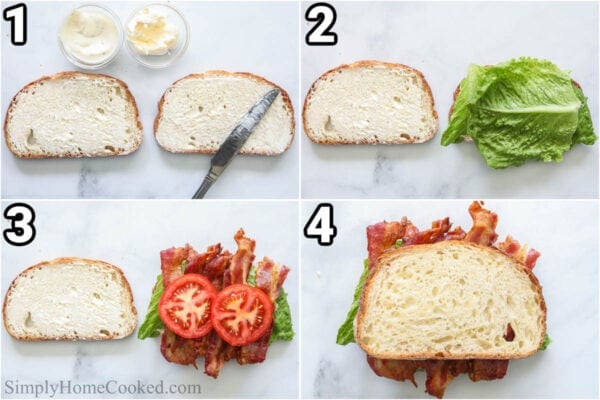 Steps to make a BLT sandwich: spread mayonnaise and ranch on the bread slices, then top with lettuce, bacon, and tomato slices, then bread on top.
