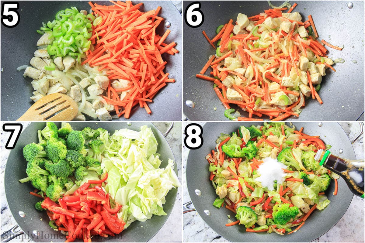 Steps to make Chicken Chow Mein: add the carrots, celery, cabbage, bell pepper, and broccoli to the chicken and onion, then add soy sauce, rice vinegar, and sugar in.
