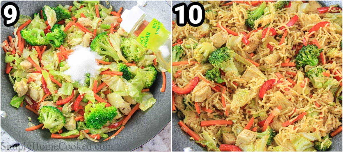 Steps to make Chicken Chow Mein: add in the yakisoba noodles and mix.