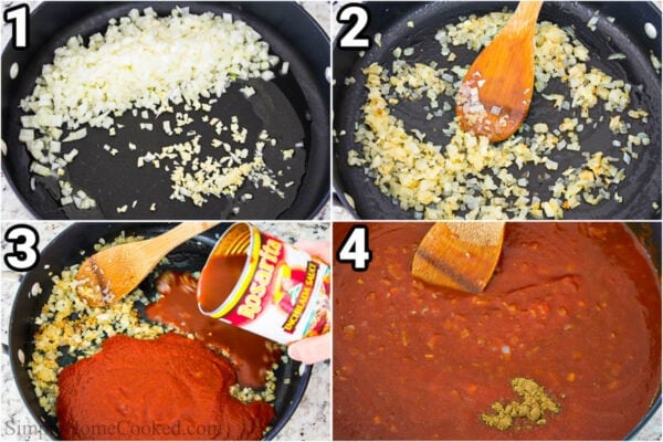 Steps to make Chicken Enchiladas with Red Sauce: saute the garlic and onions, then add the enchilada sauce and cumin, mixing with a wooden spoon.