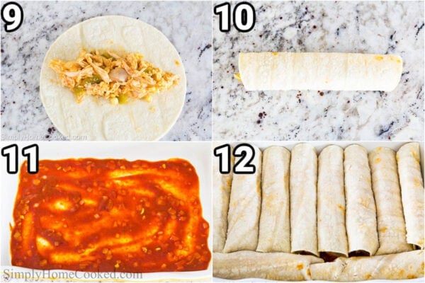 Steps to make Chicken Enchiladas with Red Sauce: fill the tortillas with filling and then wrap and place in a baking sheet covered with red enchilada sauce.