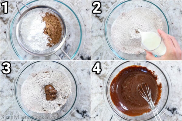 Steps to make Mochi Donuts: make the Nutella glaze by sifting the cocoa powder and powdered sugar together, adding the milk, and then the Nutella, whisking everything together.
