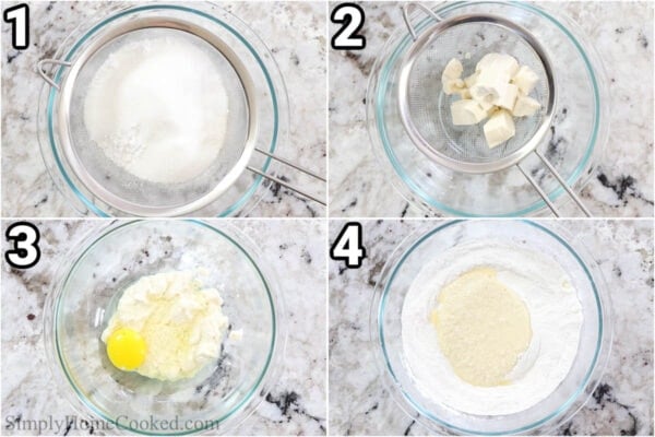 Steps to make Mochi Donuts: sift together the flour, cornstarch, baking powder, glutinous rice flour, and sugar, then put the tofu through a sieve, add egg and water, and finally combine the ingredients.