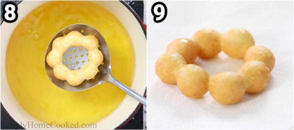 Steps to make Mochi Donuts: fry the donuts in hot oil.