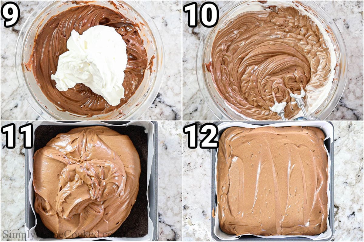 Steps to make No-bake Chocolate Cheesecake Bars: whip the heavy cream, then add it to the cheesecake filling and add it to the crust, and finally set it in the fridge.
