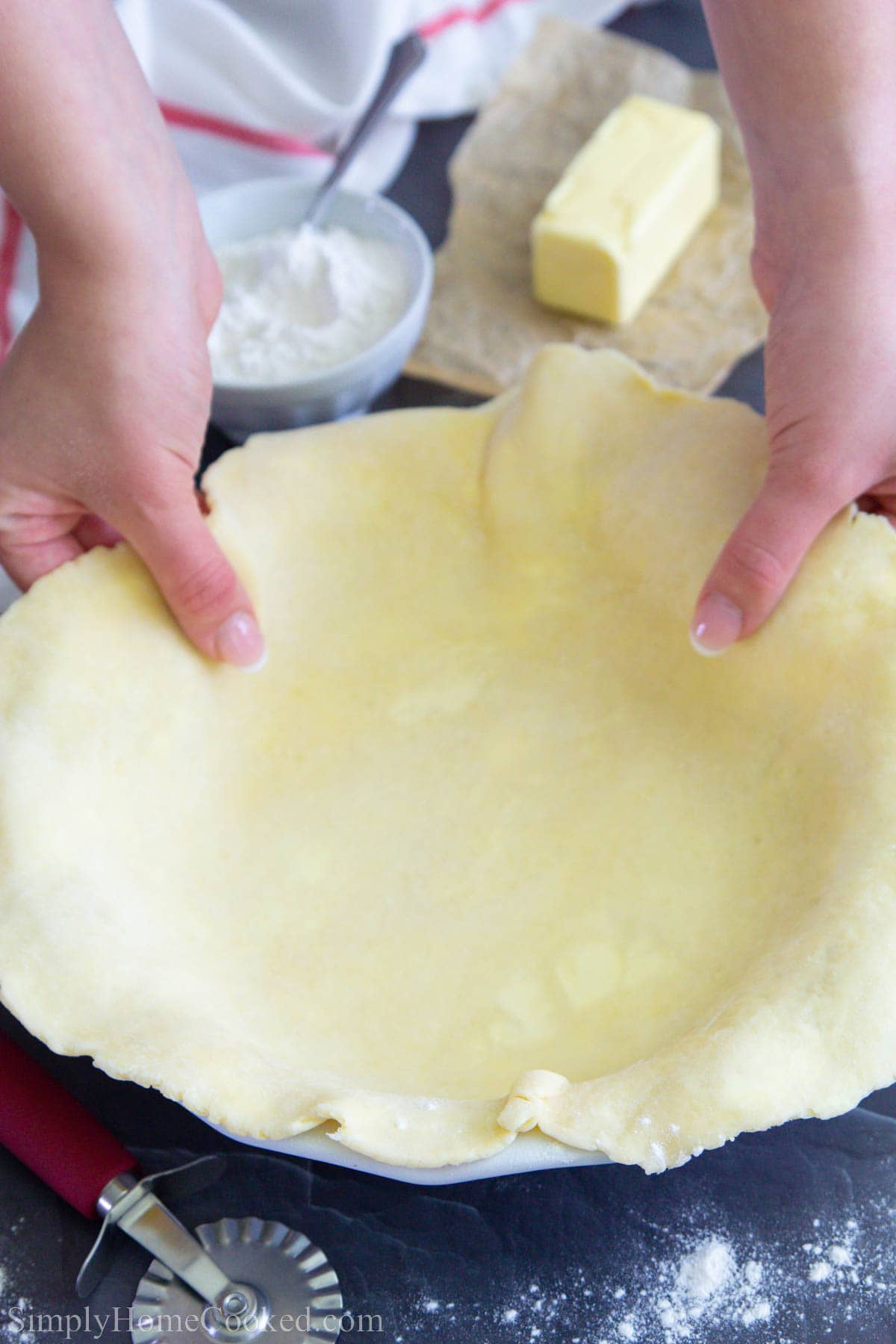 Homemade Pie Crust in a pie pan.