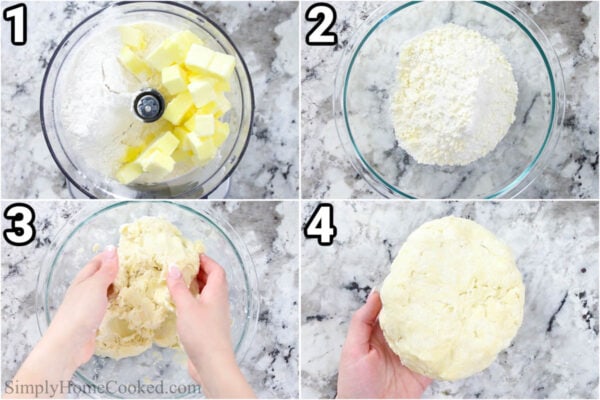 Steps to make Homemade Pie Crust: mix the cold butter with the flour,, sugar, salt, and buttermilk in a food processor, wrap and chill, before dividing.