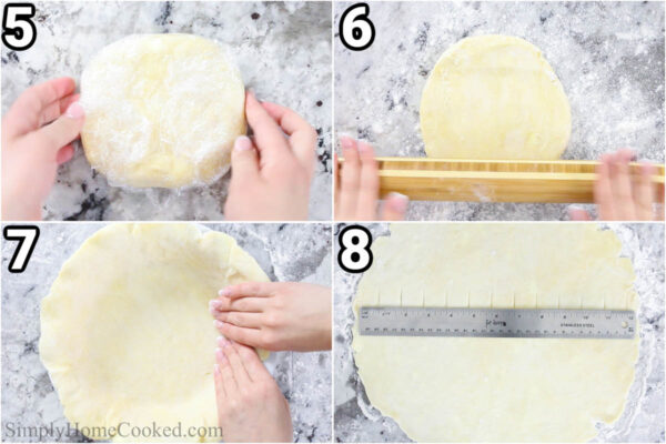 Steps to make Homemade Pie Crust: roll out the pie crust dough, then place it in a pie pan, and mark the top crust dough for the lattice.
