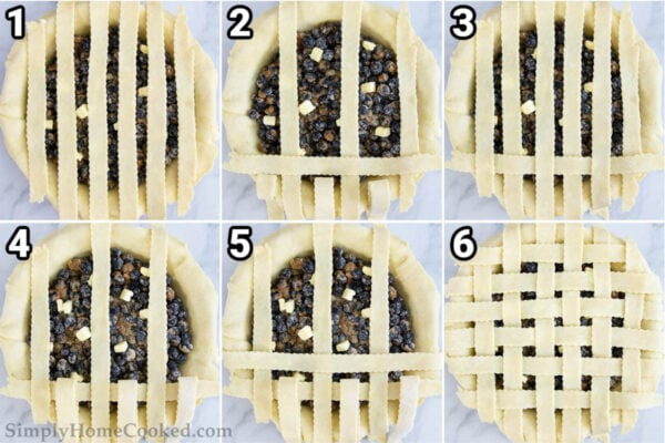 Steps to make Homemade Pie Crust: slice the top crust dough into lattice strips, then weave them across the top of the pie.