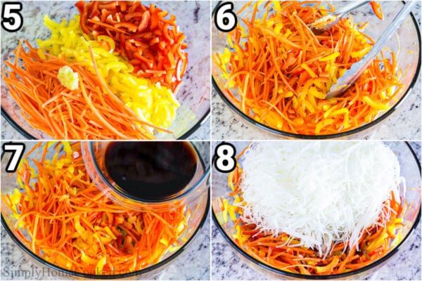 Steps to make Sesame Noodle Salad: Add the julienned peppers, carrots, and garlic to a bowl, toss the oil in with tongs, and then add the dressing and rice noodles.